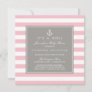 Roze en Grijs Nautisch Baby shower Invitation Kaart
