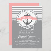 Roze en Grijs Nautisch Baby shower Invitation Kaart (Voorkant / Achterkant)