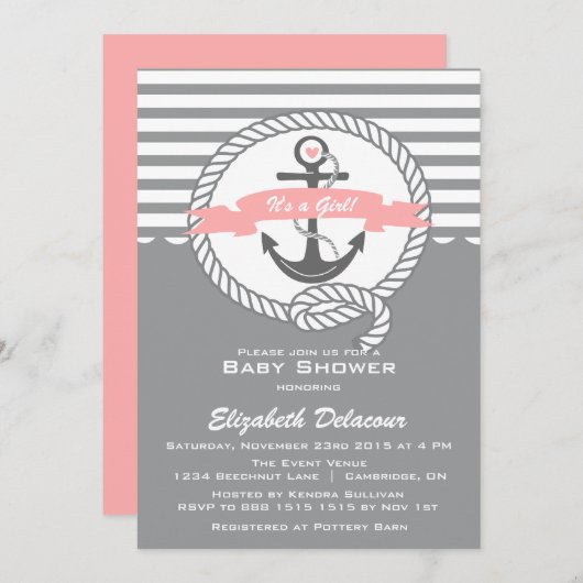 Roze en Grijs Nautisch Baby shower Invitation Kaart (Voorkant / Achterkant)