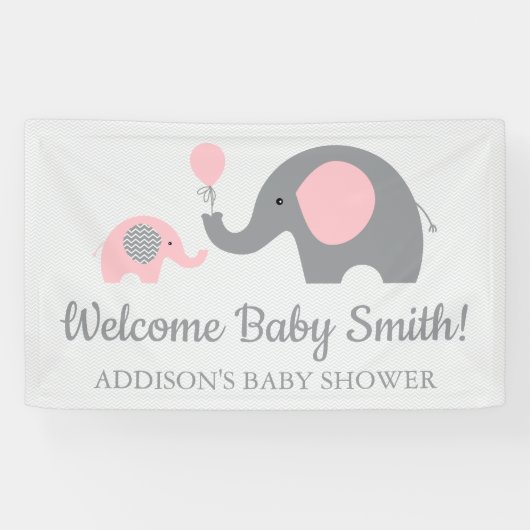 Roze en Grijs Olifant Baby shower Banner Poster (Horizontaal)