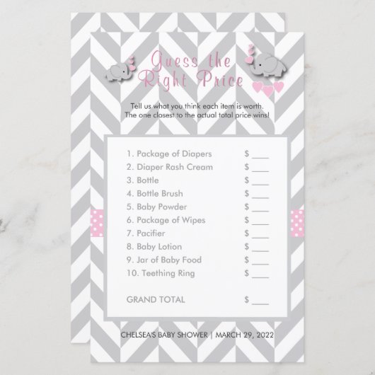 Roze en grijs olifant Baby shower - Raad eens de p (Voorkant / Achterkant)