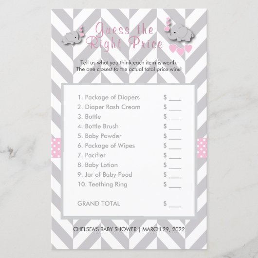 Roze en grijs olifant Baby shower - Raad eens de p (Voorkant)