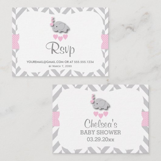 Roze en Grijs Olifant Baby shower - RSVP Email Informatiekaartje (Voorkant / Achterkant)