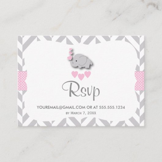 Roze en Grijs Olifant Baby shower - RSVP Email Informatiekaartje (Voorkant)