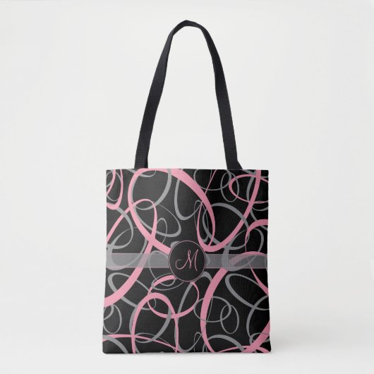 Roze en grijs op monogram met zwarte loopy tote bag (Voorkant)