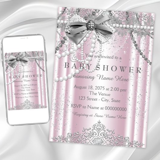 Roze en grijs Pearl Girly Baby shower Kaart