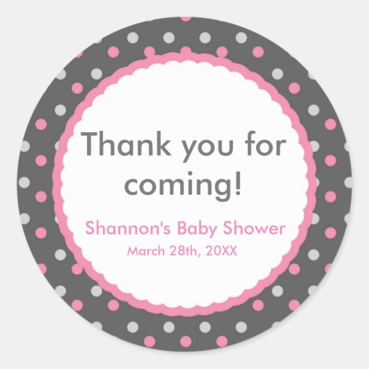Roze en Grijs Polka Dot Baby shower Party Sticker (Voorkant)
