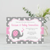 Roze en Grijs Polka Dot Olifant Baby shower Kaart (Staand voorkant)