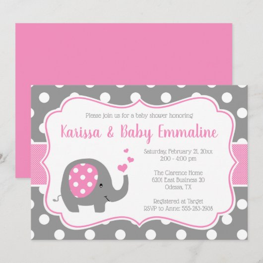 Roze en Grijs Polka Dot Olifant Baby shower Kaart (Voorkant / Achterkant)