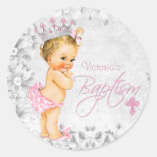 Roze en Grijs Prinses Doop Ronde Sticker (Voorkant)