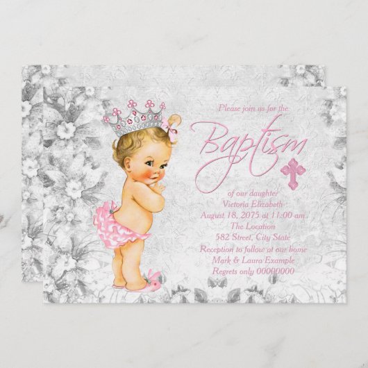 Roze en grijs prinsessendoop kaart (Voorkant / Achterkant)