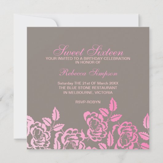 Roze en grijs Roos Petal Sweet 16 Birthday Invite Kaart (Voorkant)