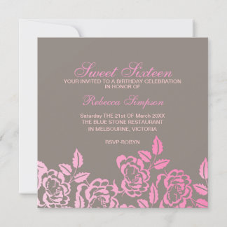 Roze en grijs Roos Petal Sweet 16 Birthday Invite Kaart