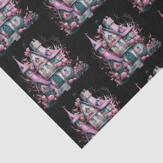 Roze en grijs spookhuis patroon Halloween Tissuepapier (Detail)