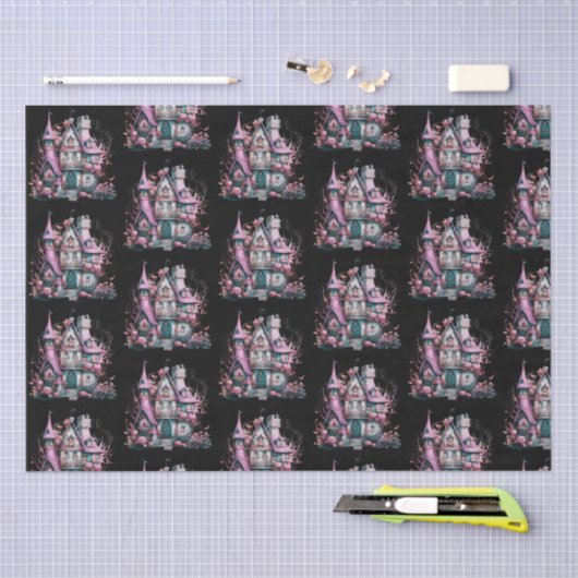 Roze en grijs spookhuis patroon Halloween Tissuepapier (Craft)
