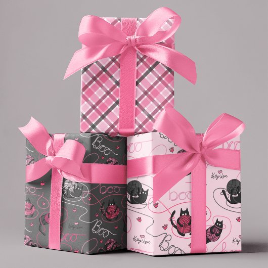 Roze en Grijs Spooky Kittens "Kat Love" Inpakpapier Vel