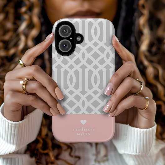 Roze en Grijs Trellis Hart Monogram Case-Mate iPhone Case