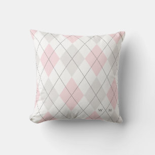 Roze en Grijze Argyle Patroon Monogram Kussen