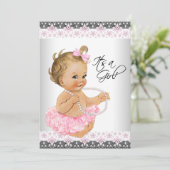 Roze en grijze Baby Girl Shower Kaart (Staand voorkant)