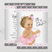 Roze en grijze Baby Girl Shower Kaart (Voorkant / Achterkant)