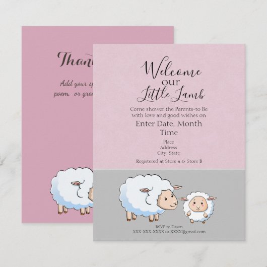 Roze en Grijze Baby Meisje Douche Uitnodigingen (Voorkant / Achterkant)