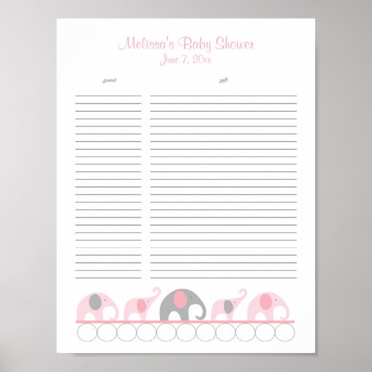 Roze en grijze Baby shower Gift List Poster (Voorkant)