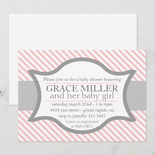 Roze en grijze Baby shower Kaart (Voorkant / Achterkant)