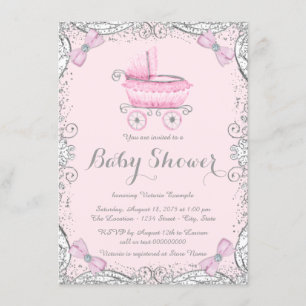 Roze en grijze Baby shower met glitter Kaart