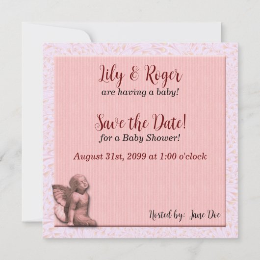 Roze en grijze Baby shower Save The Date (Achterkant)
