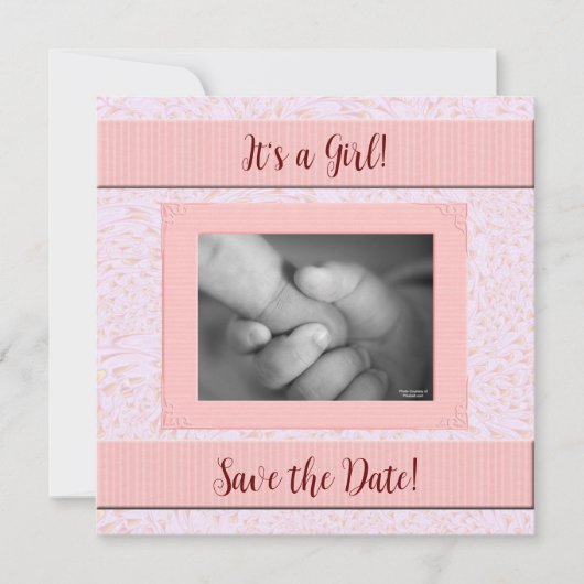 Roze en grijze Baby shower Save The Date (Voorkant)