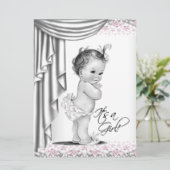 Roze en grijze  babymeisjesdouche kaart (Staand voorkant)