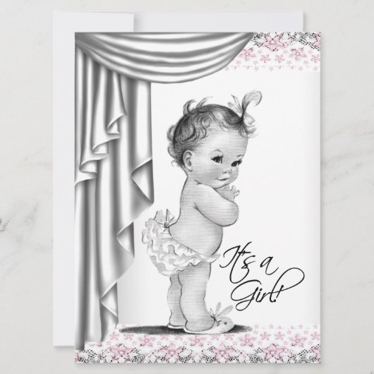 Roze en grijze  babymeisjesdouche kaart (Voorkant)