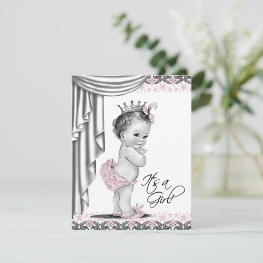 Roze en grijze  babymeisjesdouche kaart (Staand voorkant)