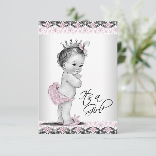 Roze en grijze  babymeisjesdouche kaart (Staand voorkant)