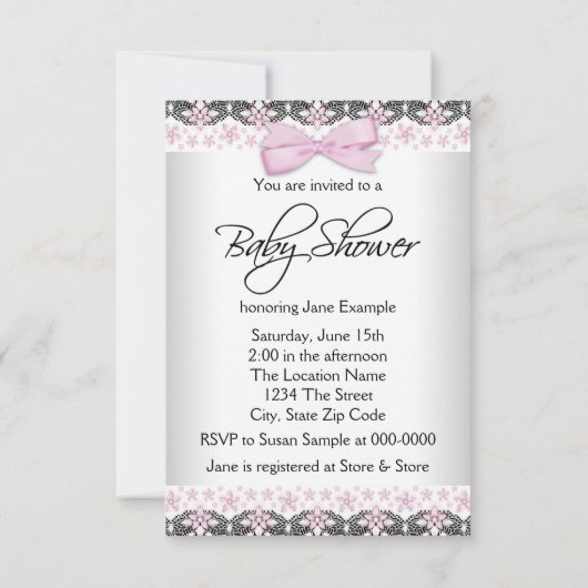 Roze en grijze  babymeisjesdouche kaart (Achterkant)