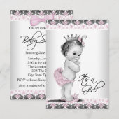 Roze en grijze babymeisjesdouche kaart (Voorkant / Achterkant)