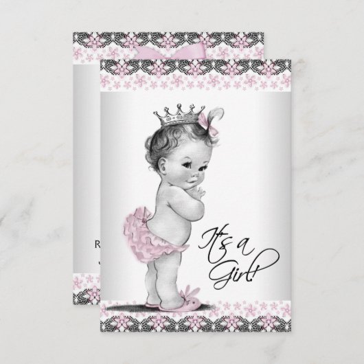 Roze en grijze  babymeisjesdouche kaart (Voorkant / Achterkant)