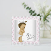 Roze en grijze  babymeisjesdouche kaart (Staand voorkant)