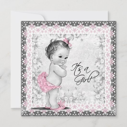 Roze en grijze babymeisjesdouche kaart (Voorkant)