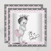 Roze en grijze  babymeisjesdouche kaart (Voorkant / Achterkant)