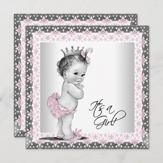 Roze en grijze  babymeisjesdouche kaart (Voorkant / Achterkant)