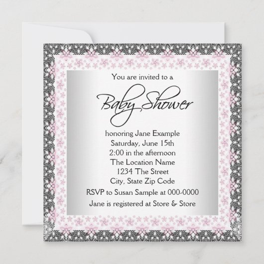 Roze en grijze  babymeisjesdouche kaart (Achterkant)