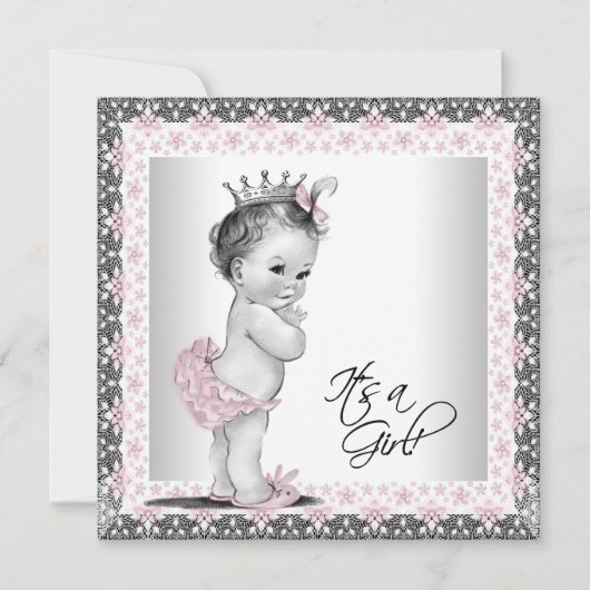 Roze en grijze  babymeisjesdouche kaart (Voorkant)