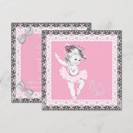 Roze en Grijze Ballerina Baby Meisje Douche Kaart (Voorkant / Achterkant)