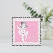 Roze en Grijze Ballerina Baby Meisje Douche Kaart (Staand voorkant)