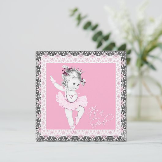 Roze en Grijze Ballerina Baby Meisje Douche Kaart (Staand voorkant)
