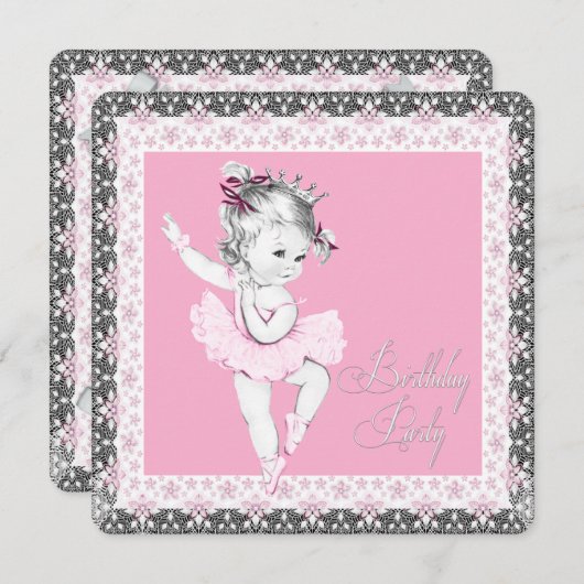 Roze en grijze ballerina verjaardagsfeestje uitnod kaart (Voorkant / Achterkant)