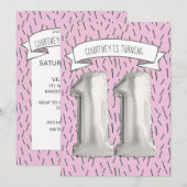 Roze en Grijze Ballon Meisjes 11e Verjaardagsfeest Kaart (Voorkant / Achterkant)