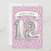 Roze en Grijze Ballon Meisjes 12e Verjaardagsfeest Kaart (Voorkant)