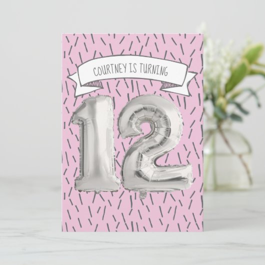 Roze en Grijze Ballon Meisjes 12e Verjaardagsfeest Kaart (Staand voorkant)